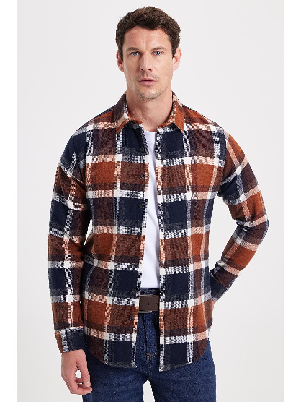 Kahverengi Erkek Slim Fit Dar Kesim Kareli Kışlık Oduncu Gömlek