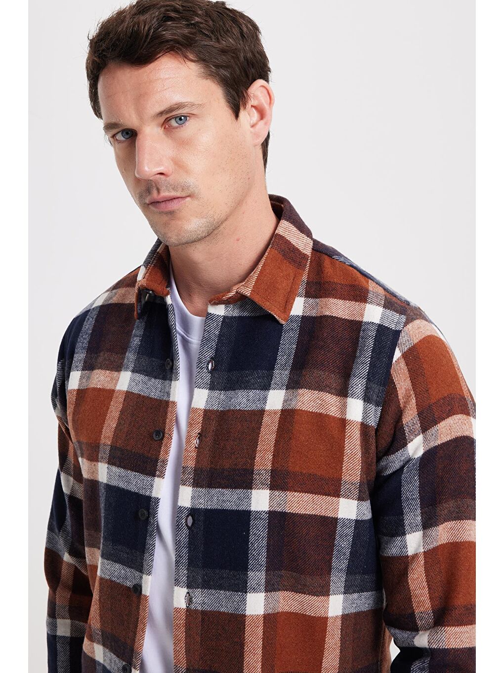 Kahverengi Erkek Slim Fit Dar Kesim Kareli Kışlık Oduncu Gömlek-1