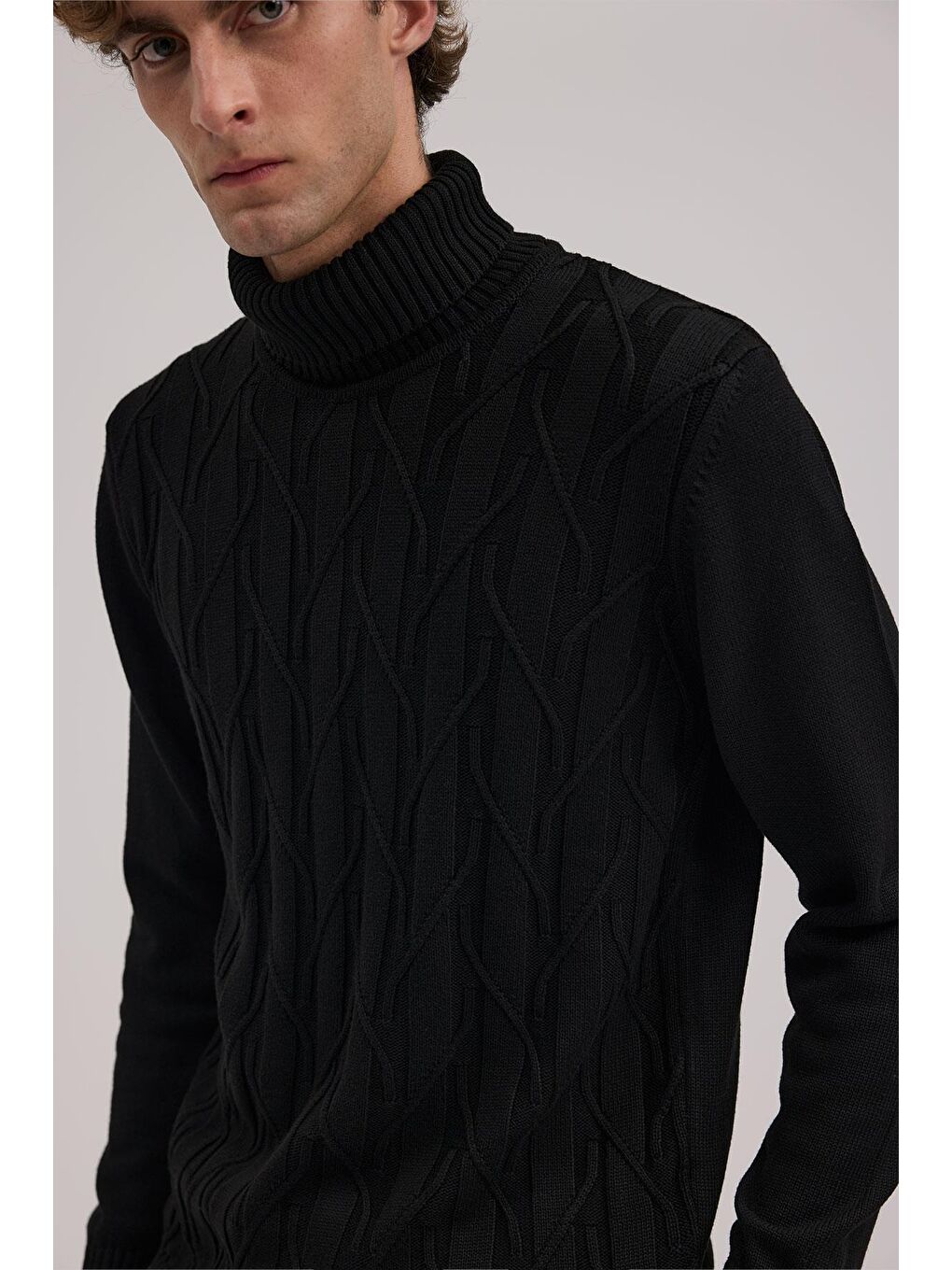 Siyah Slim Fit Desenli Tam Balıkçı Yaka Triko-2