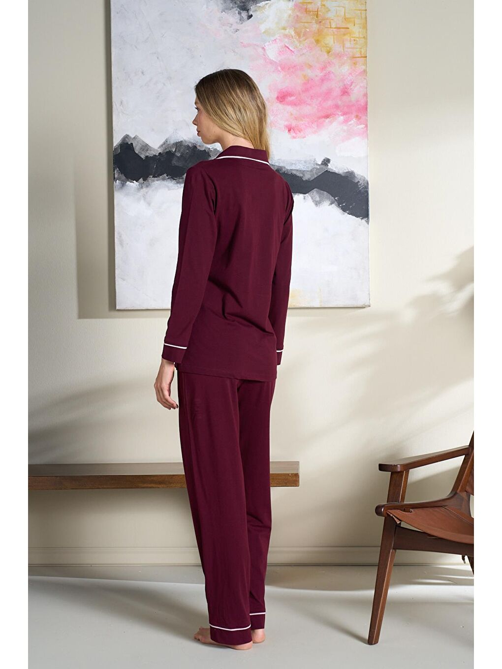 Kadın Penye Süprem Önden Düğmeli Pijama Takımı | Bordo 3102-2