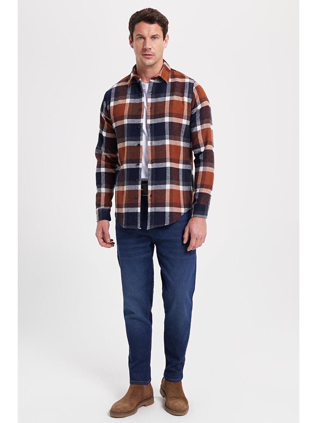 Kahverengi Erkek Slim Fit Dar Kesim Kareli Kışlık Oduncu Gömlek-2