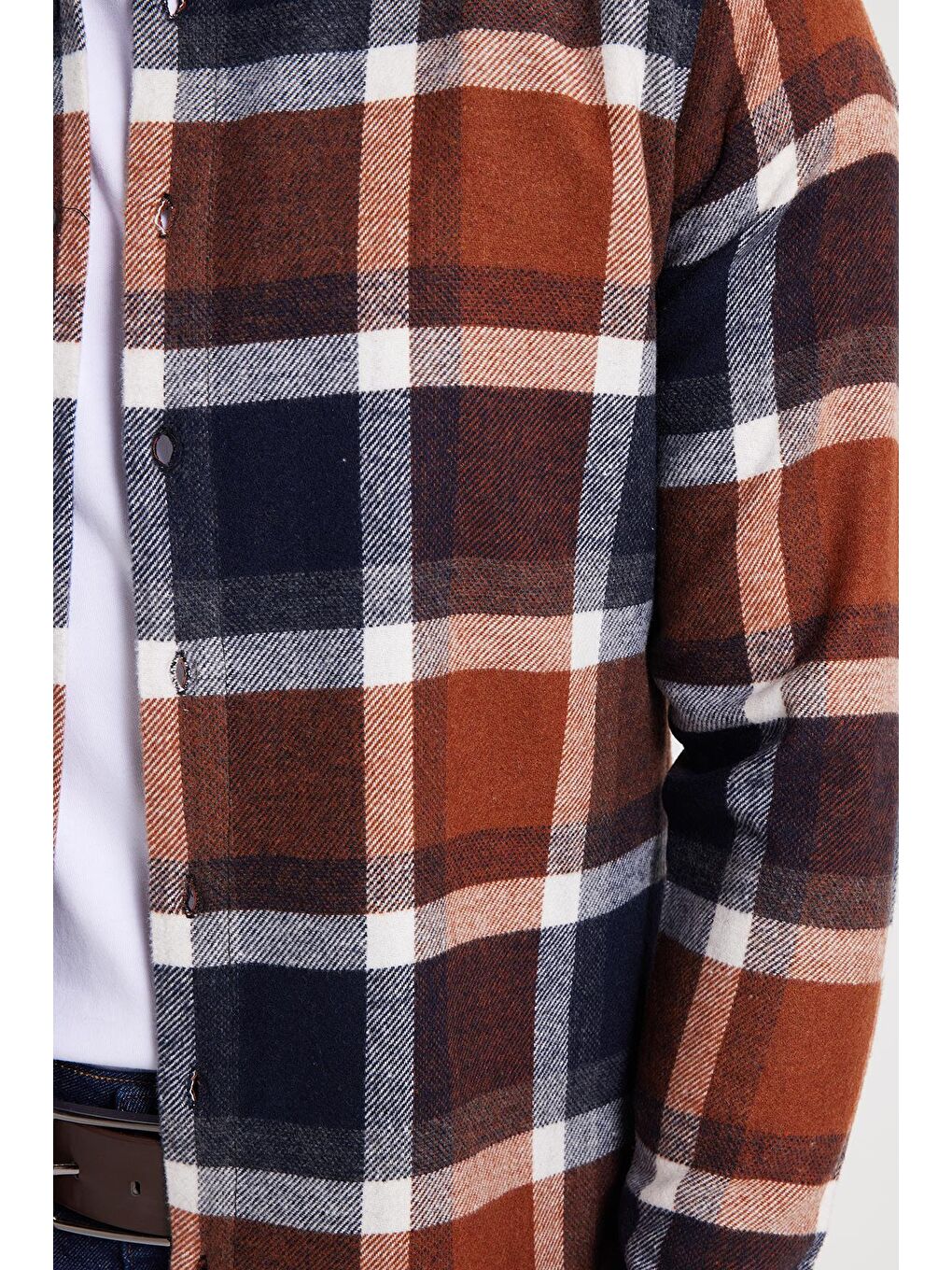 Kahverengi Erkek Slim Fit Dar Kesim Kareli Kışlık Oduncu Gömlek-3