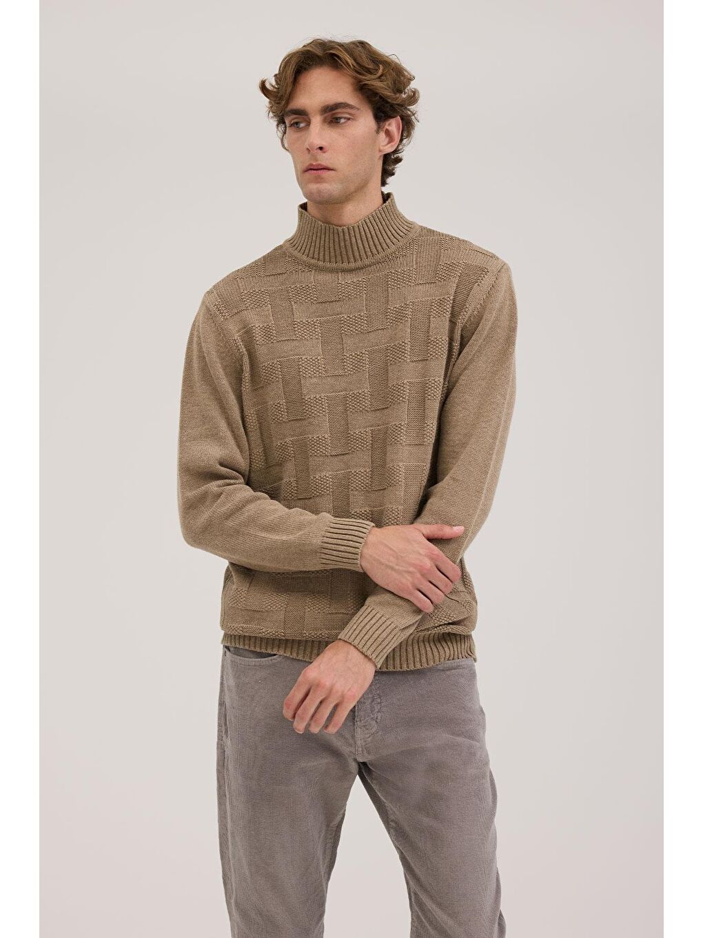 Bej Vizon Slim Fit Desenli Tam Balıkçı Yaka Triko