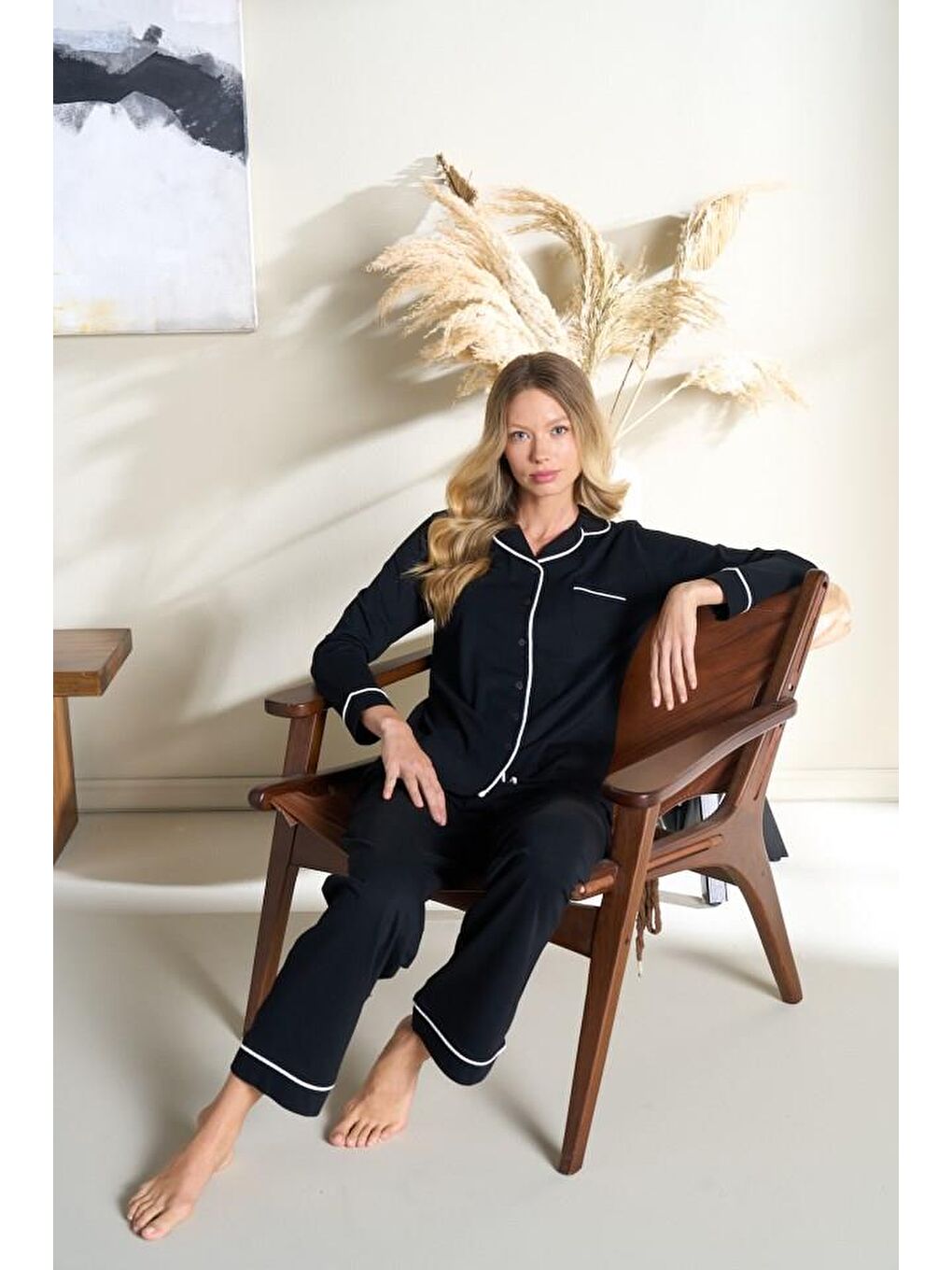 Kadın Penye Süprem Önden Düğmeli Pijama Takımı | Siyah 3101
