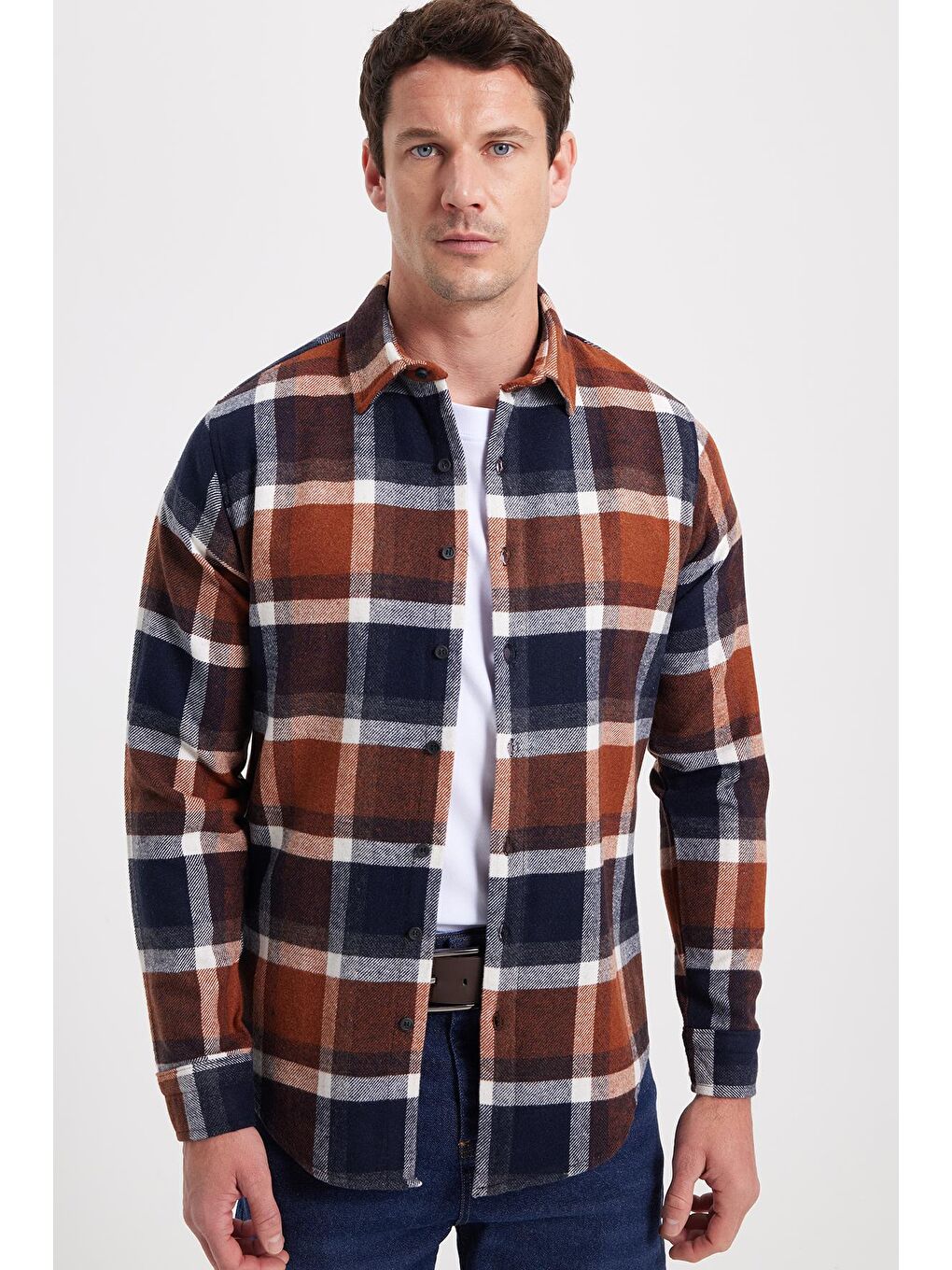 Kahverengi Erkek Slim Fit Dar Kesim Kareli Kışlık Oduncu Gömlek-6