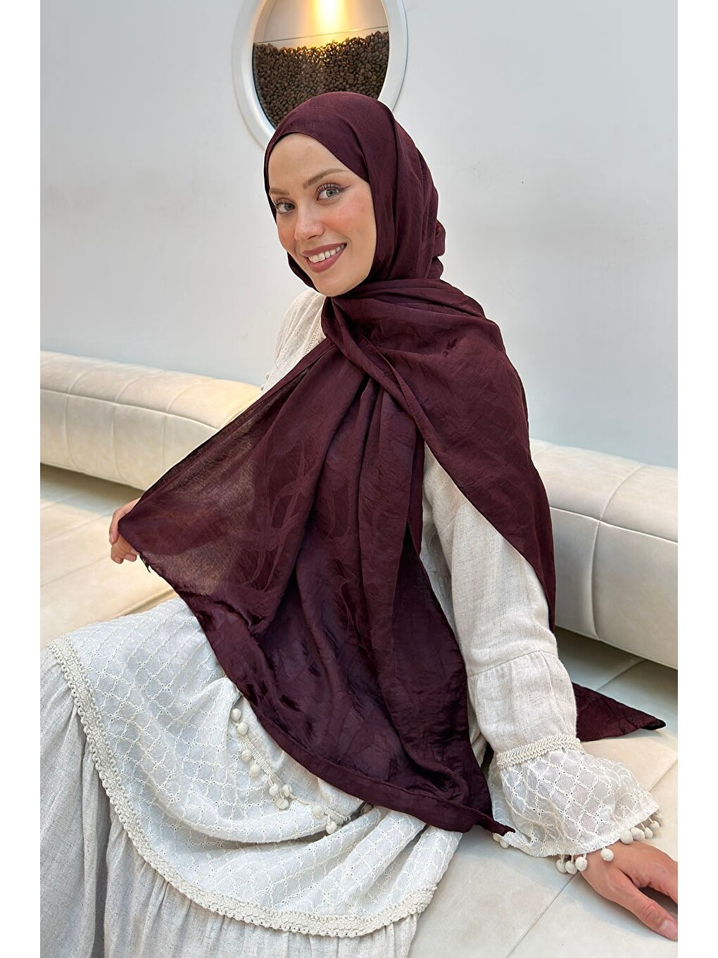 Ağaçdalı Desen Ayrobin Floş Jakar Şal Koyu Bordo-1