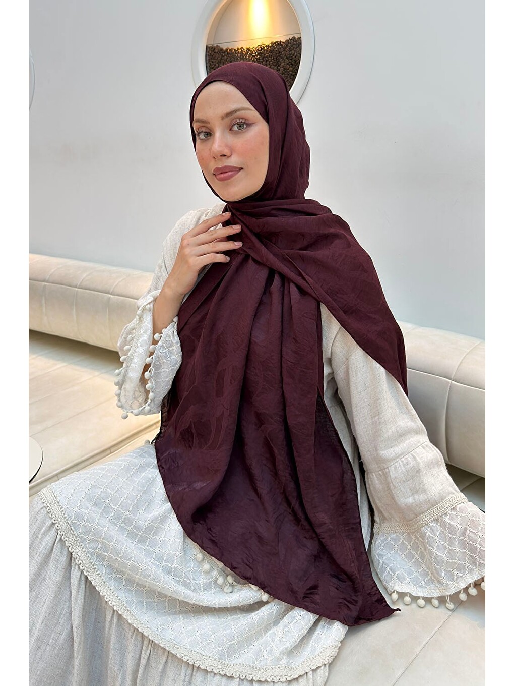 Ağaçdalı Desen Ayrobin Floş Jakar Şal Koyu Bordo-2