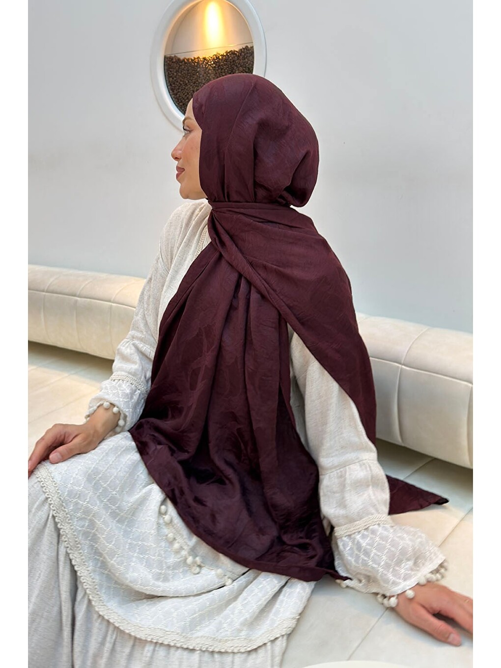 Ağaçdalı Desen Ayrobin Floş Jakar Şal Koyu Bordo-3