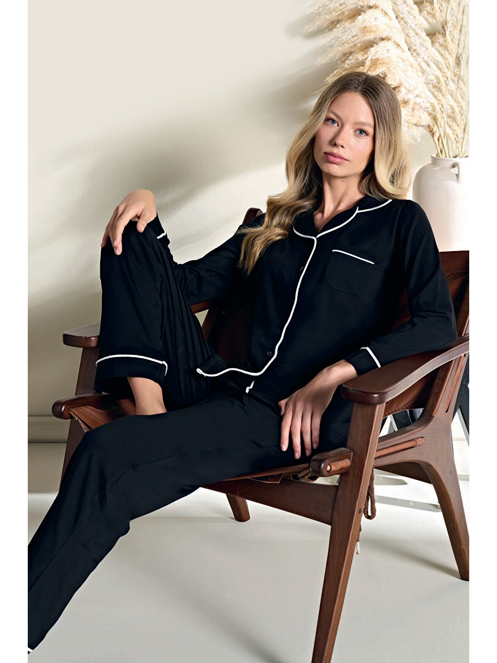 Kadın Penye Süprem Önden Düğmeli Pijama Takımı | Siyah 3101-1