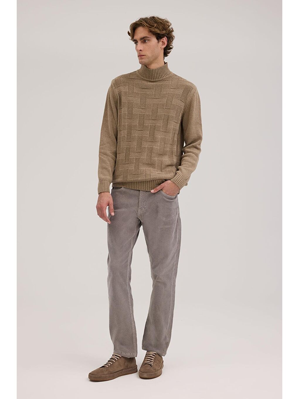 Bej Vizon Slim Fit Desenli Tam Balıkçı Yaka Triko-1