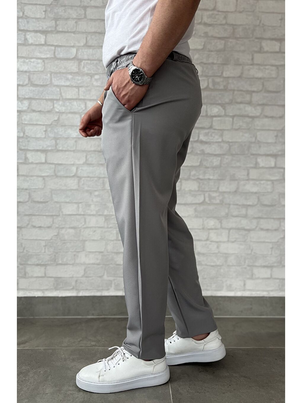 Gri Duble Paça Bel Bağlamalı Kumaş Erkek Pantolon-1
