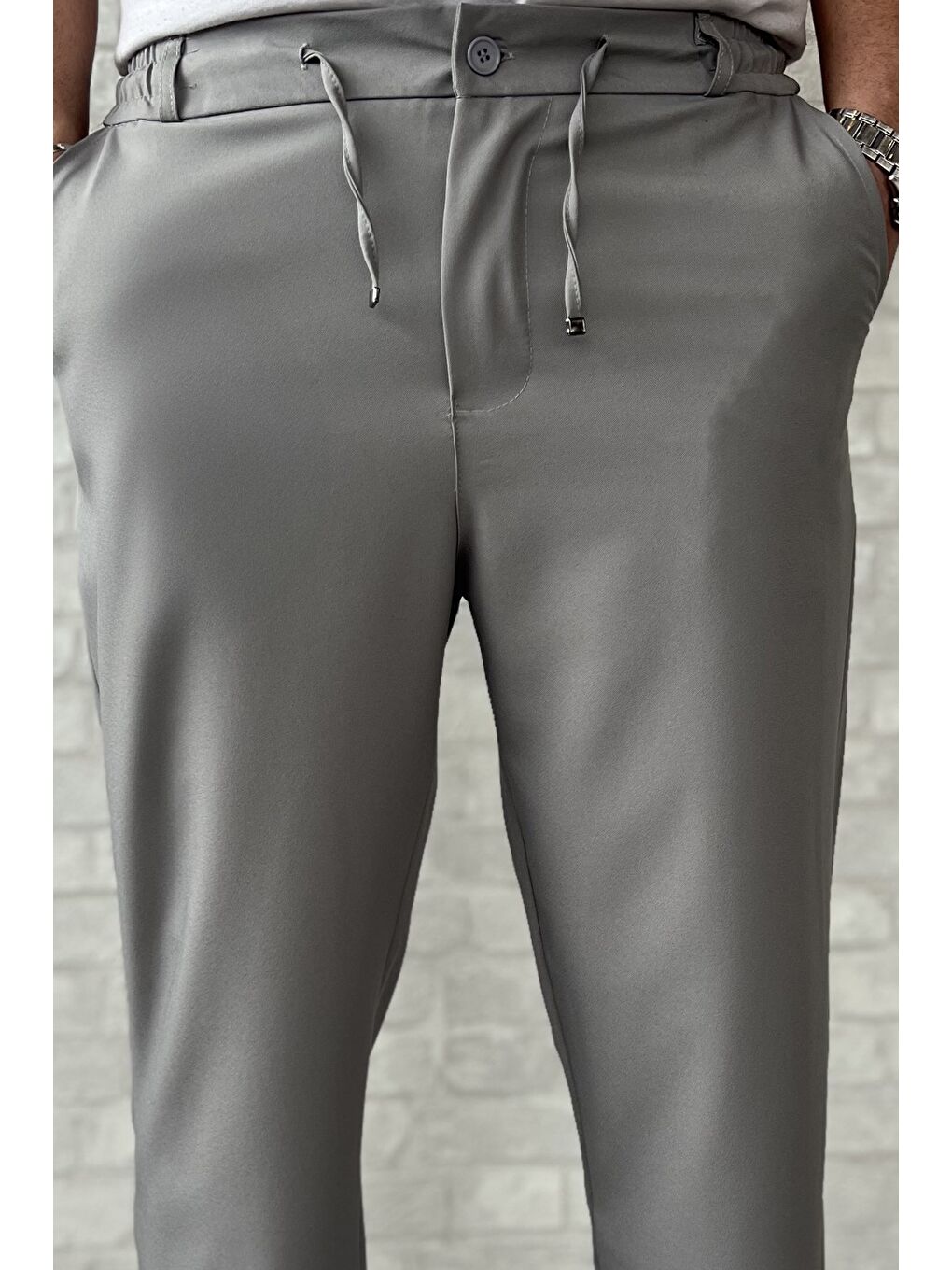 Gri Duble Paça Bel Bağlamalı Kumaş Erkek Pantolon-2
