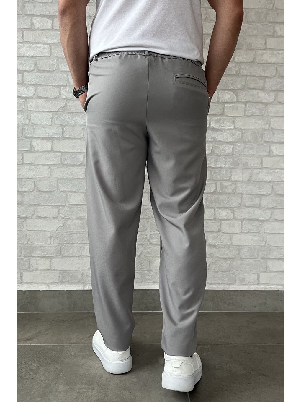 Gri Duble Paça Bel Bağlamalı Kumaş Erkek Pantolon-3
