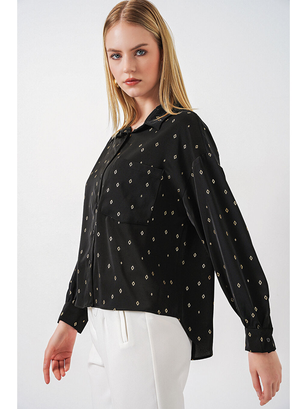 Kadın Desenli Oversize Gömlek 20361 - Siyah-2