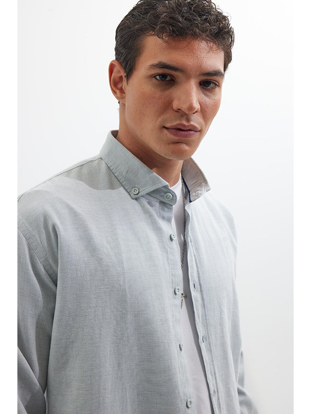 Erkek Relax Fit Rahat Kalıp Uzun Kollu %100 Pamuk Düğmeli Spor Yaka Mavi Gömlek-1