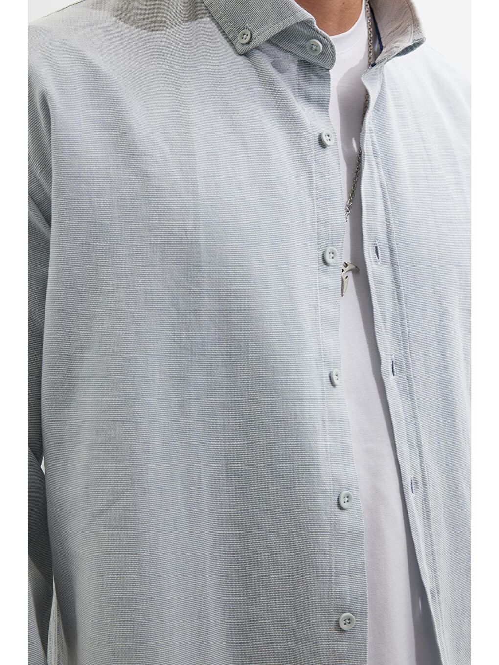 Erkek Relax Fit Rahat Kalıp Uzun Kollu %100 Pamuk Düğmeli Spor Yaka Mavi Gömlek-2