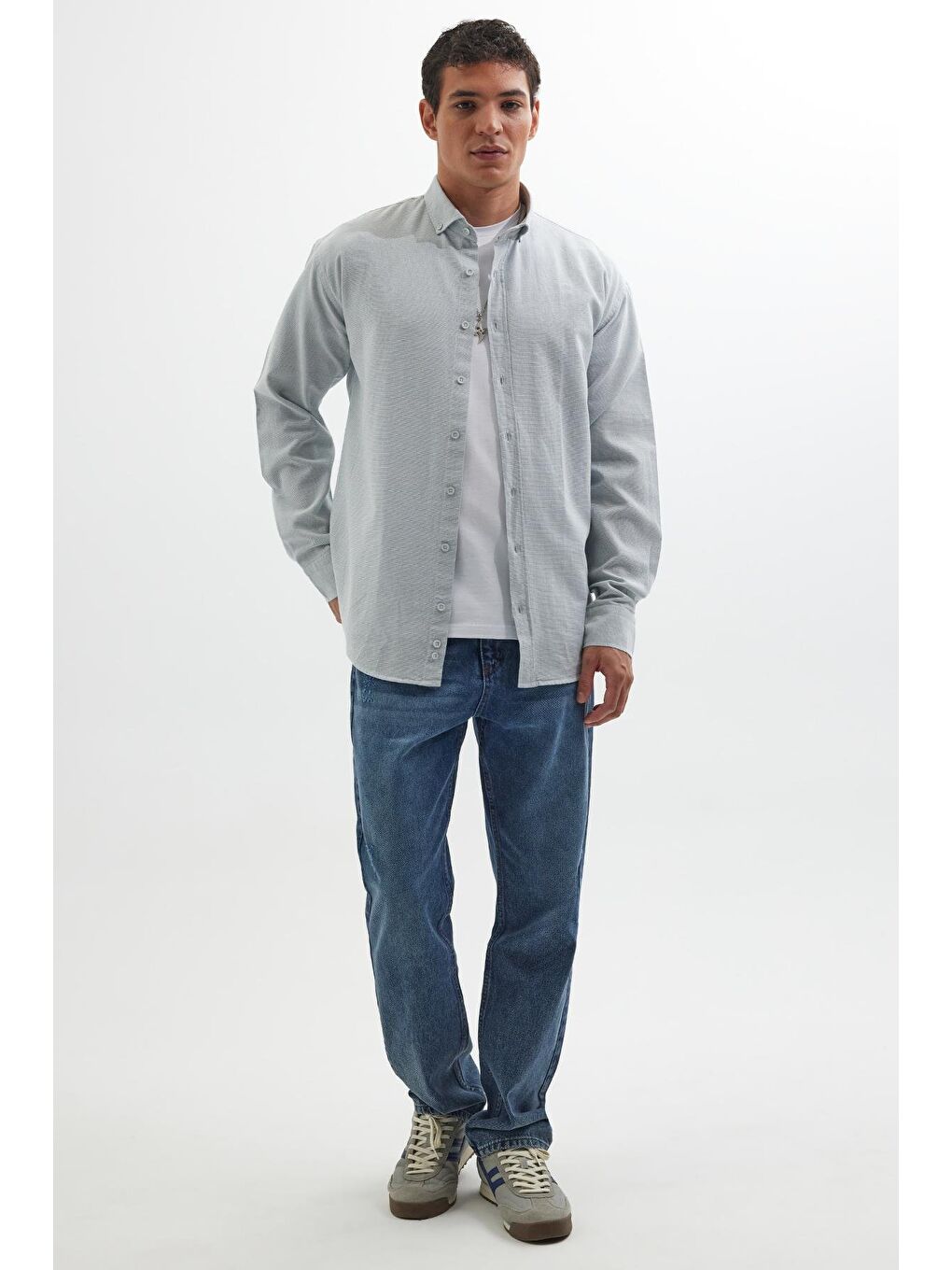 Erkek Relax Fit Rahat Kalıp Uzun Kollu %100 Pamuk Düğmeli Spor Yaka Mavi Gömlek-3