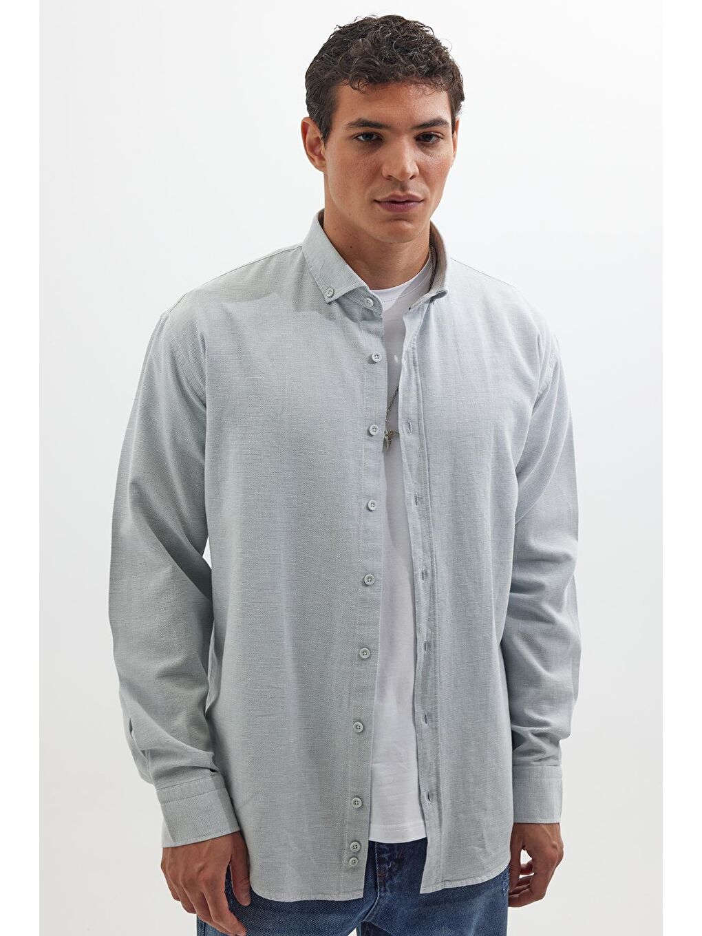 Erkek Relax Fit Rahat Kalıp Uzun Kollu %100 Pamuk Düğmeli Spor Yaka Mavi Gömlek-4