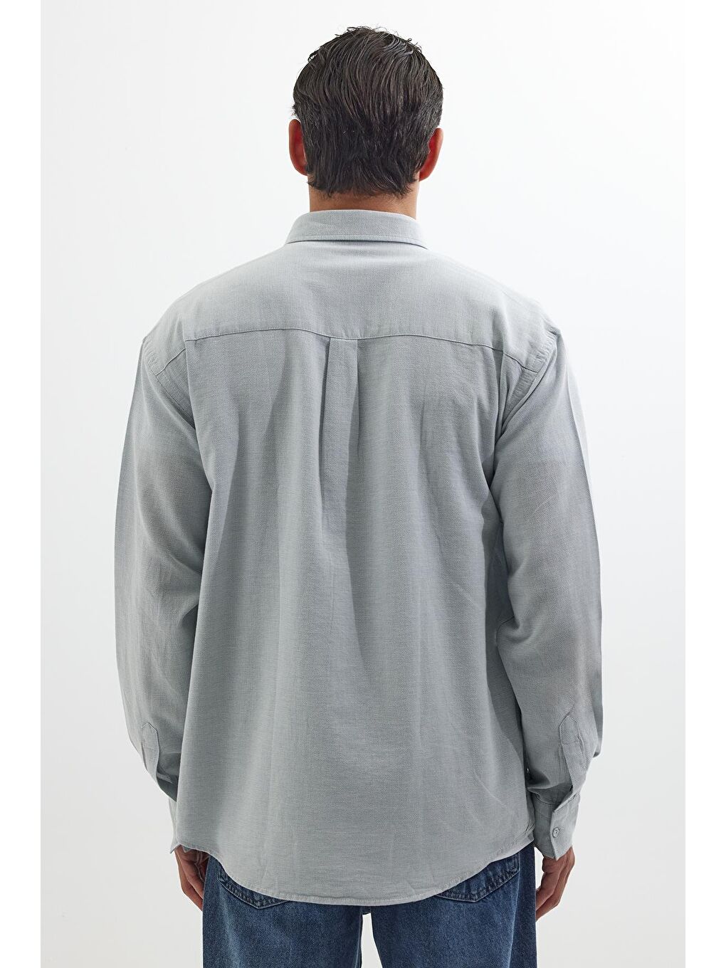 Erkek Relax Fit Rahat Kalıp Uzun Kollu %100 Pamuk Düğmeli Spor Yaka Mavi Gömlek-6