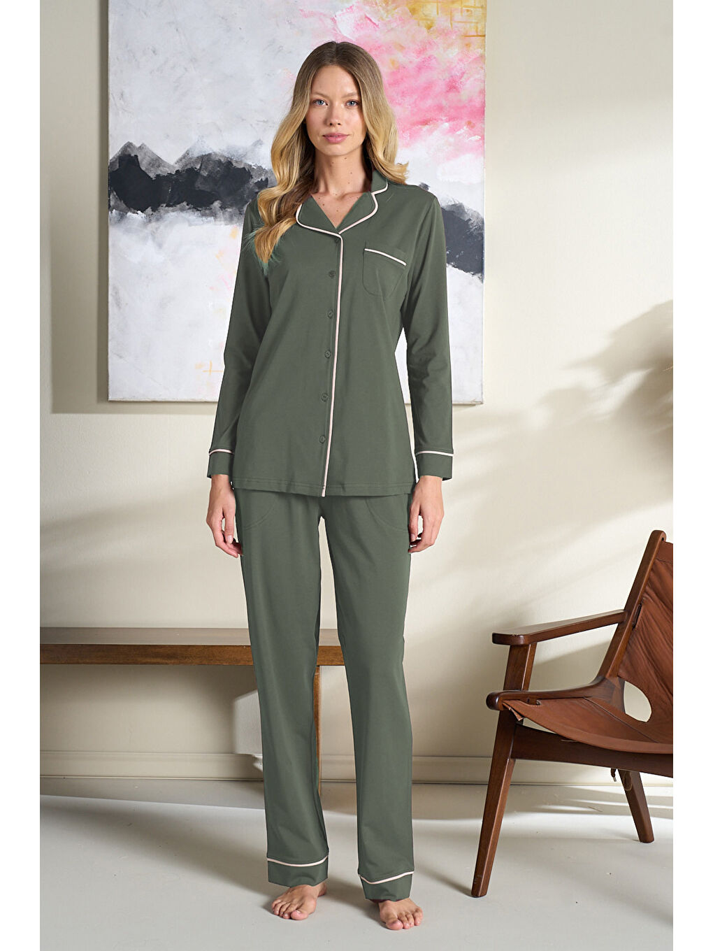 Kadın Biye Detaylı Penye Uzun Kol Pijama Takımı 3103 Yeşil-3