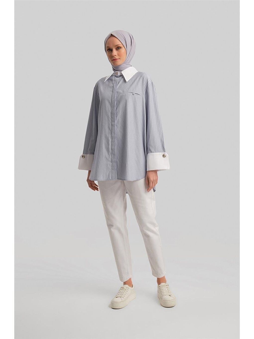 Kalın Manşetli Çizgili Poplin Gömlek 24Y3554 Gri-1