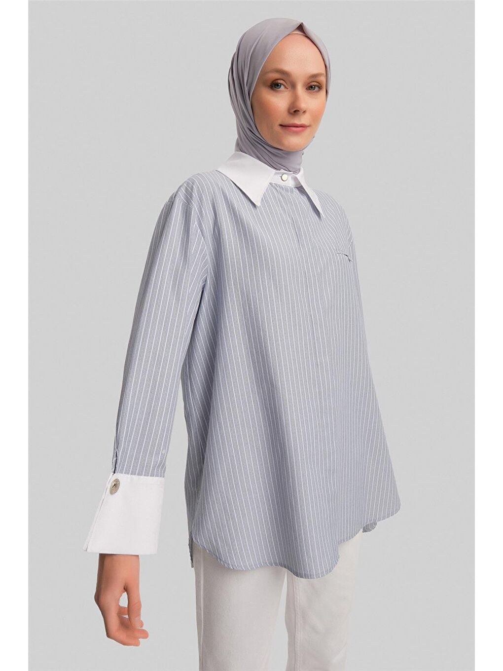 Kalın Manşetli Çizgili Poplin Gömlek 24Y3554 Gri-2