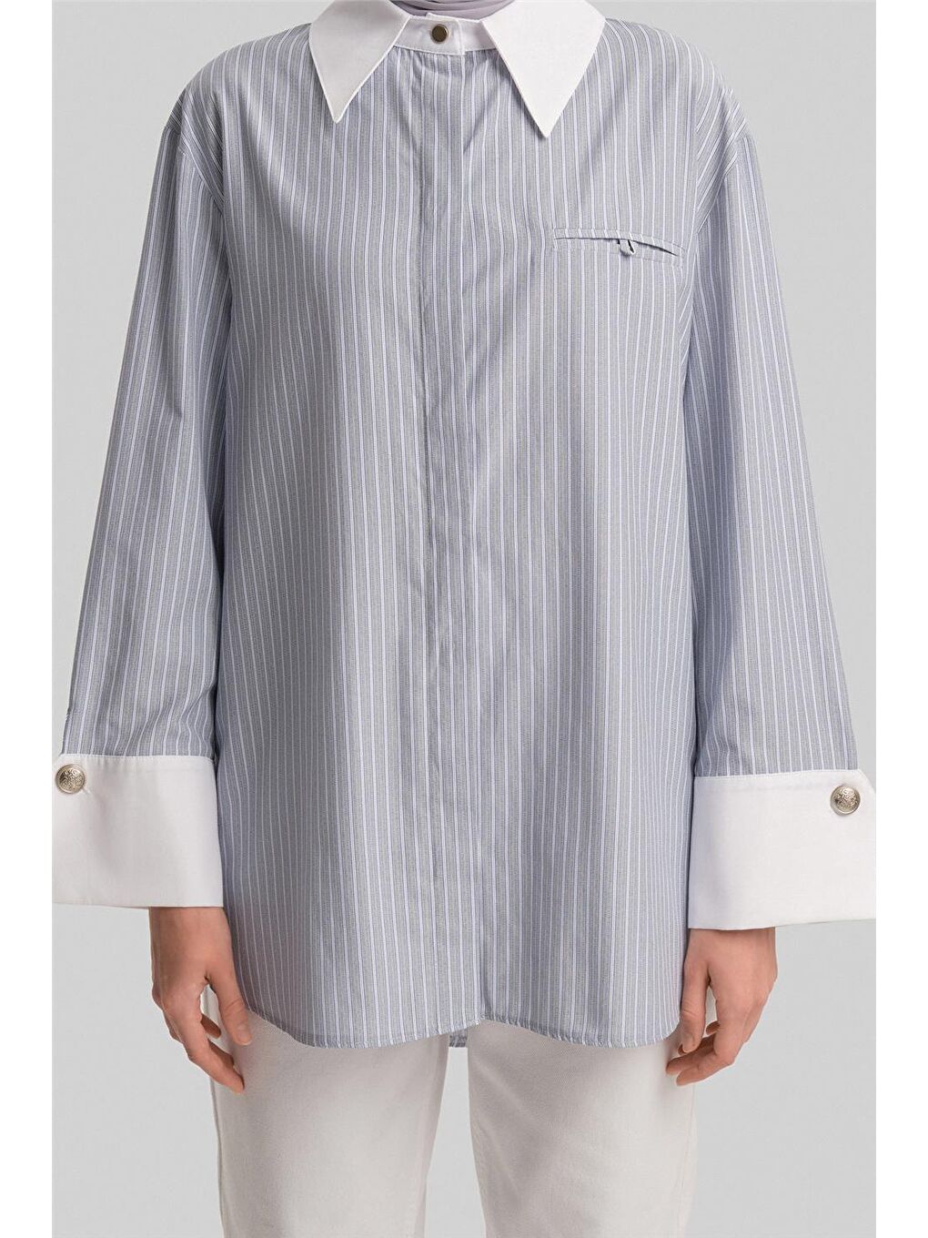 Kalın Manşetli Çizgili Poplin Gömlek 24Y3554 Gri-3