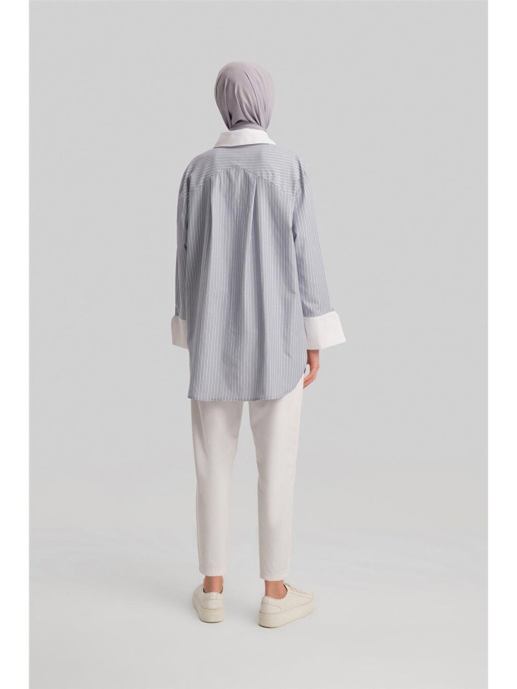 Kalın Manşetli Çizgili Poplin Gömlek 24Y3554 Gri-4