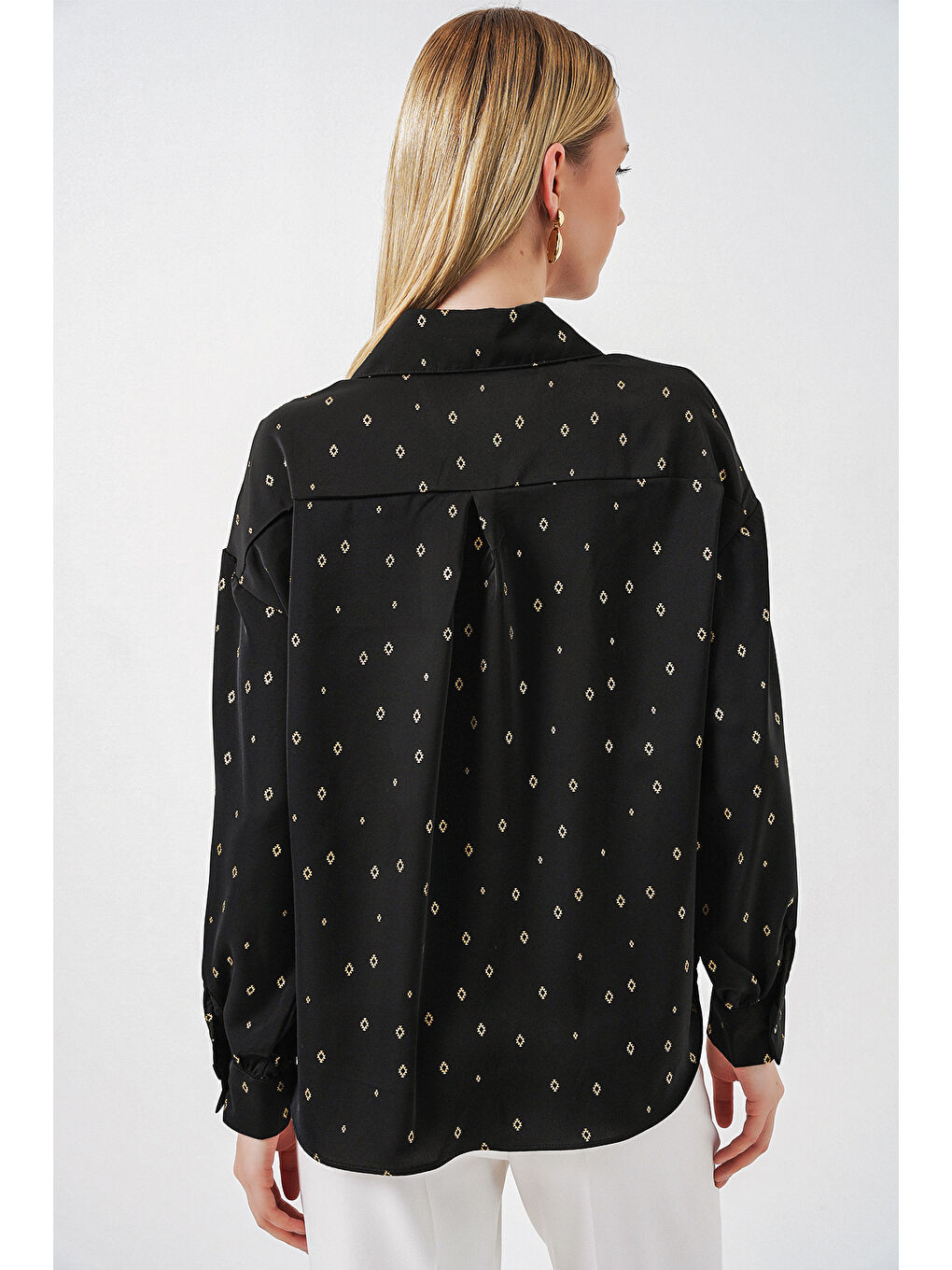 Kadın Desenli Oversize Gömlek 20361 - Siyah-5