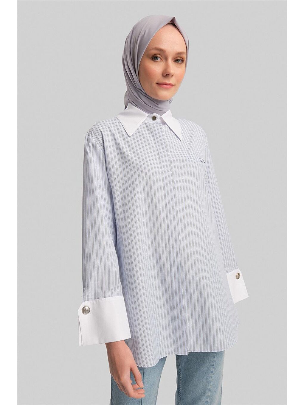 Kalın Manşetli Çizgili Poplin Gömlek 24Y3554 Mavi