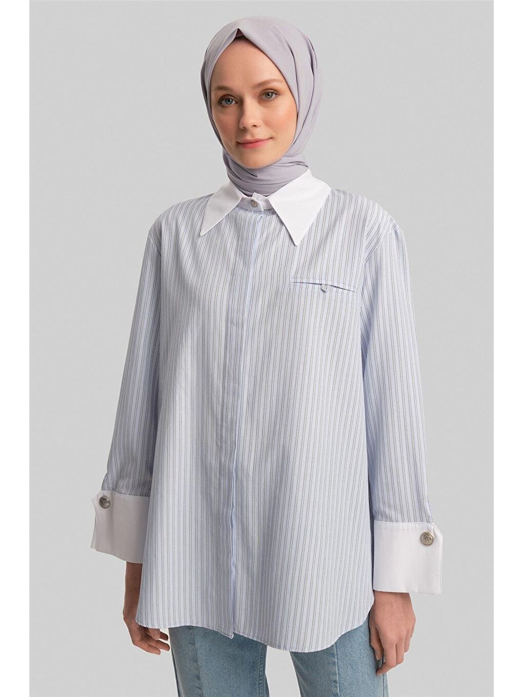 Kalın Manşetli Çizgili Poplin Gömlek 24Y3554 Mavi-1