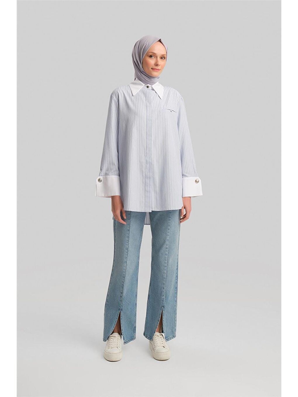 Kalın Manşetli Çizgili Poplin Gömlek 24Y3554 Mavi-3