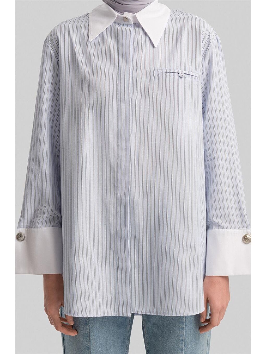 Kalın Manşetli Çizgili Poplin Gömlek 24Y3554 Mavi-4