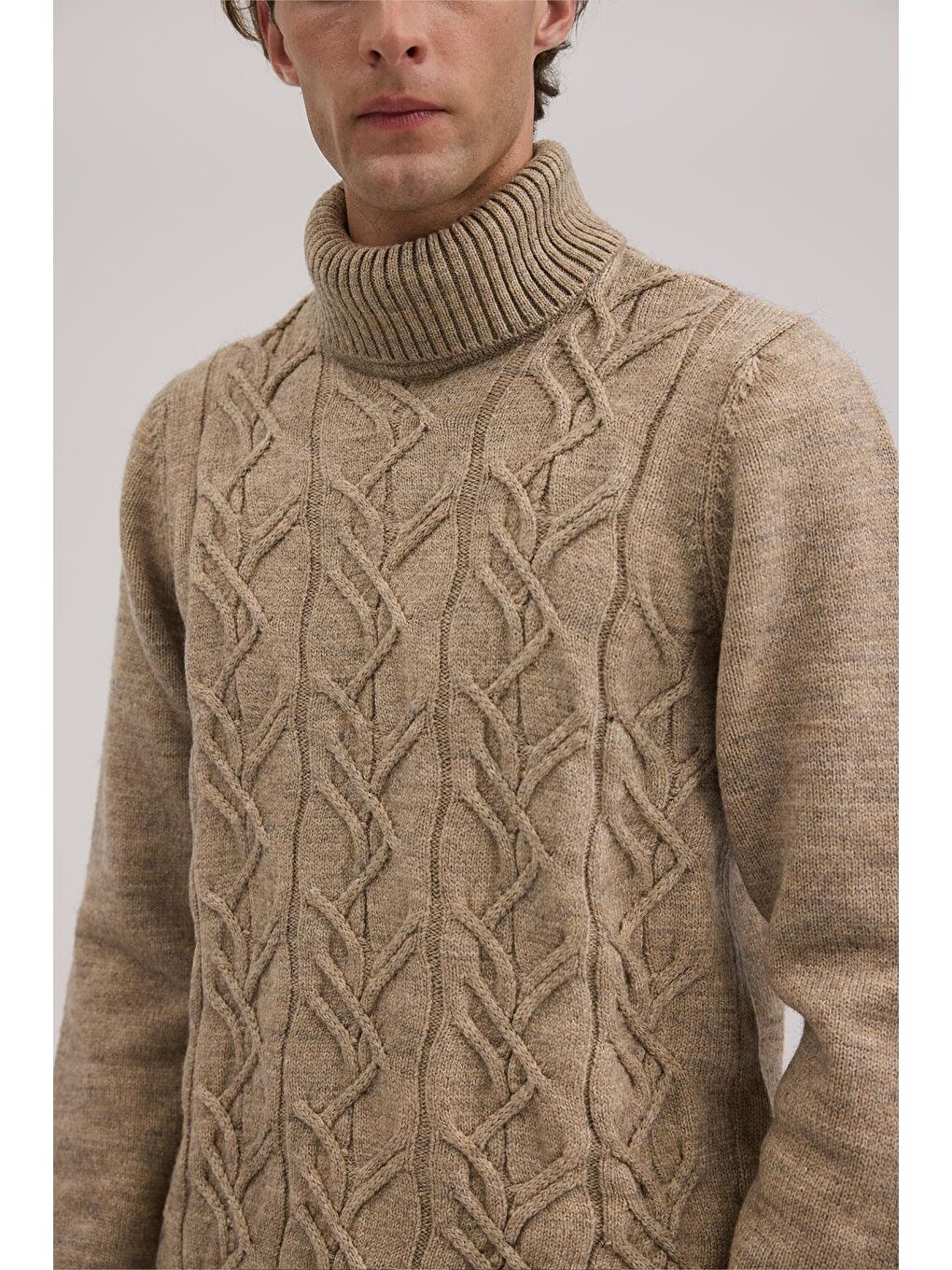 Bej Vizon Slim Fit Tam Balıkçı Yaka Triko Kazak-2