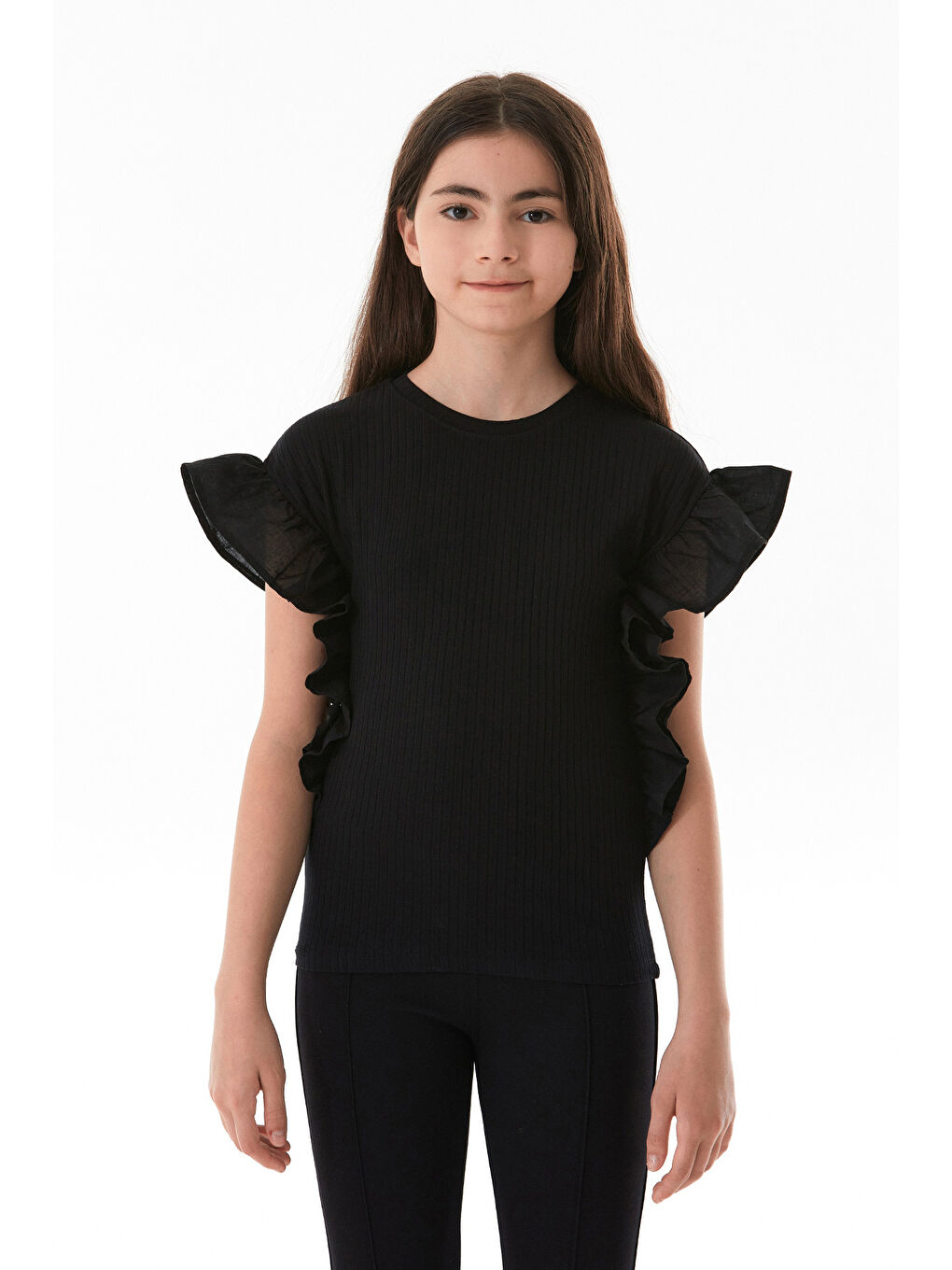 Siyah Fitilli Kolları Volanlı Kız Çocuk Body-1