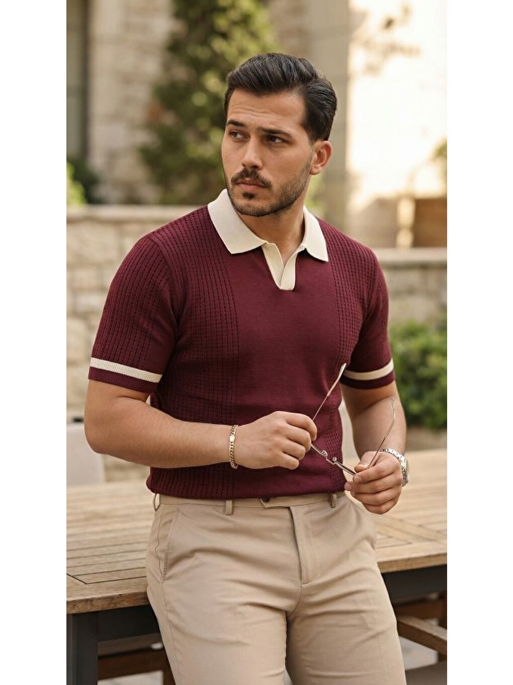 Bordo Erkek Renkli Yakalı File Desenli Kısa Kollu Tişört-1
