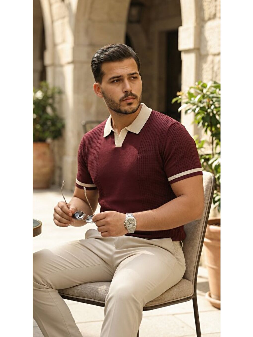 Bordo Erkek Renkli Yakalı File Desenli Kısa Kollu Tişört-2