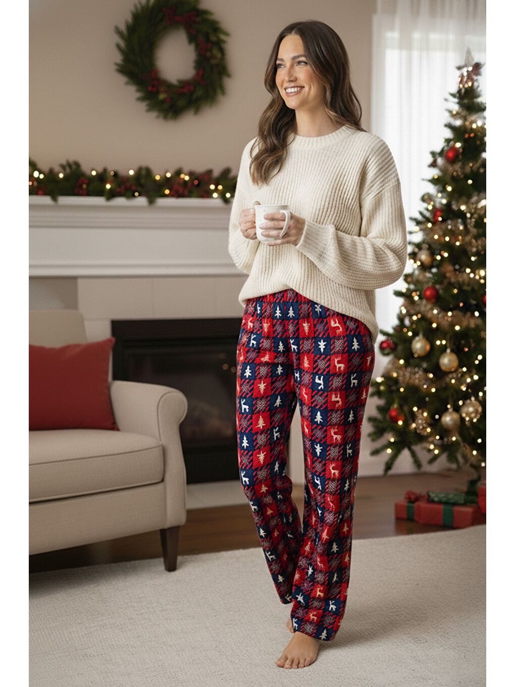 Kırmızı Geyik Baskılı Kadife Pijama Altı