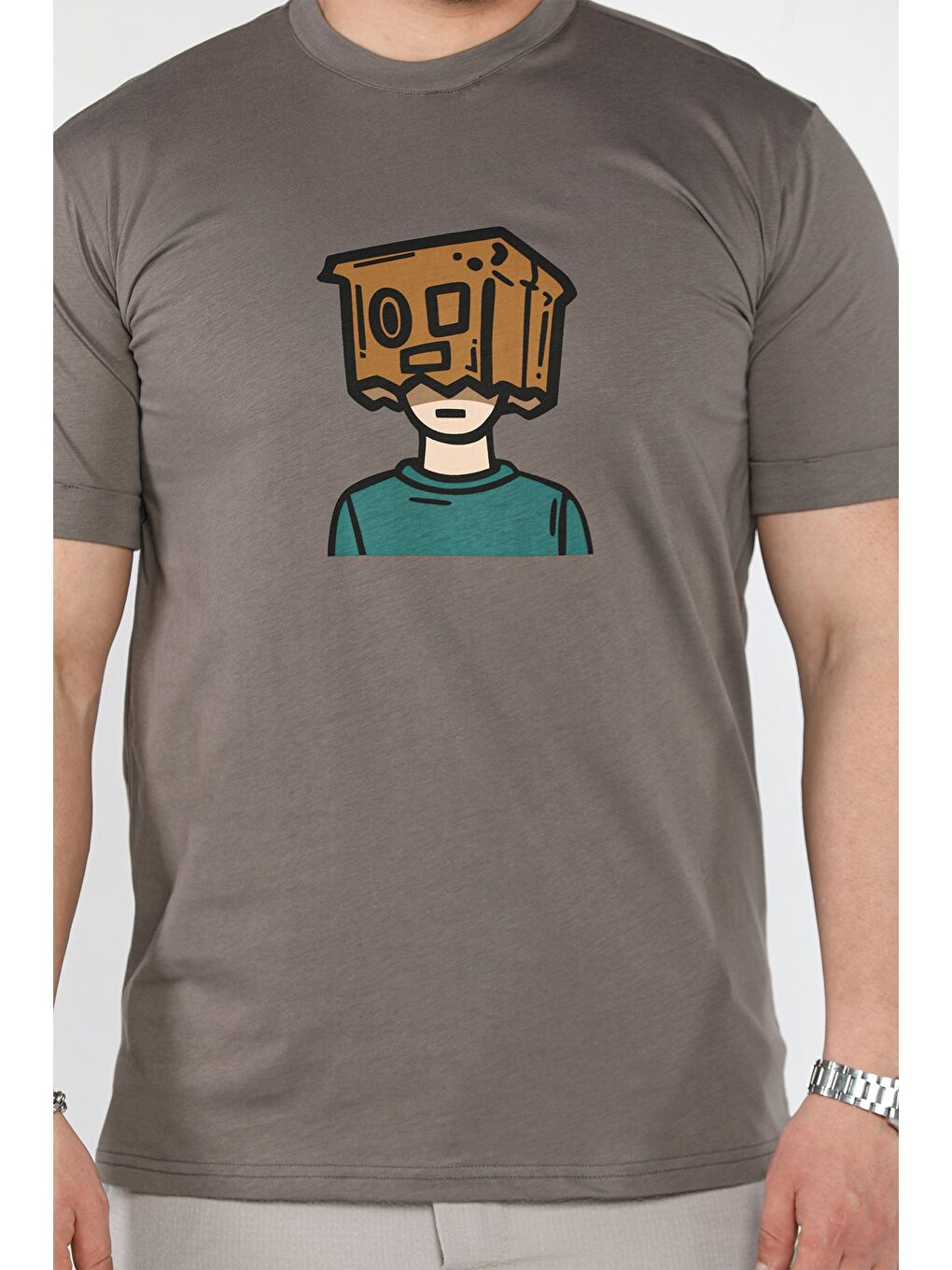 Bej Bisiklet Yaka Kol Katlamalı Baskılı Erkek Tişört-2