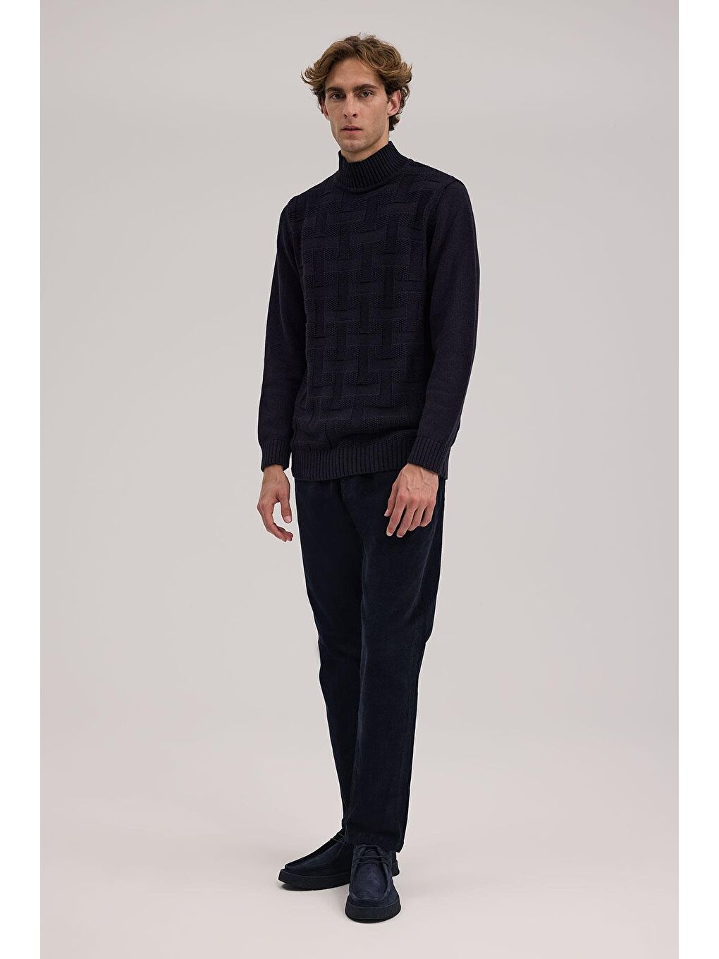 Lacivert Slim Fit Desenli Pamuklu Tam Balıkçı Yaka Triko-1