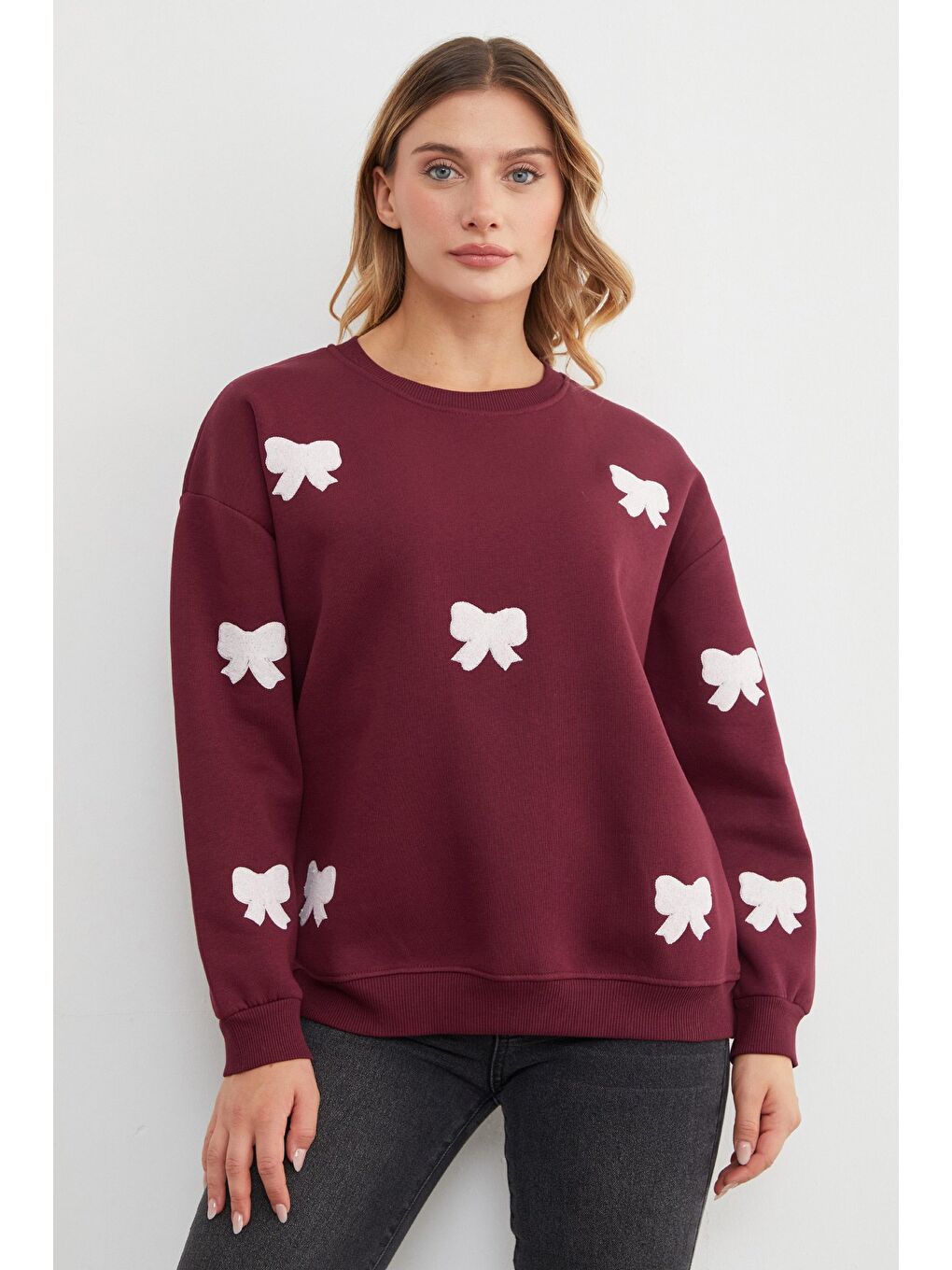 Bordo 3 İplik Fiyonk Nakışlı Oversize Sweatshirt-2