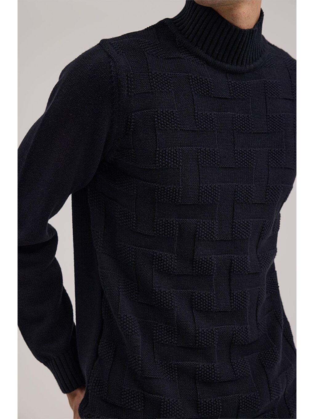 Lacivert Slim Fit Desenli Pamuklu Tam Balıkçı Yaka Triko-2