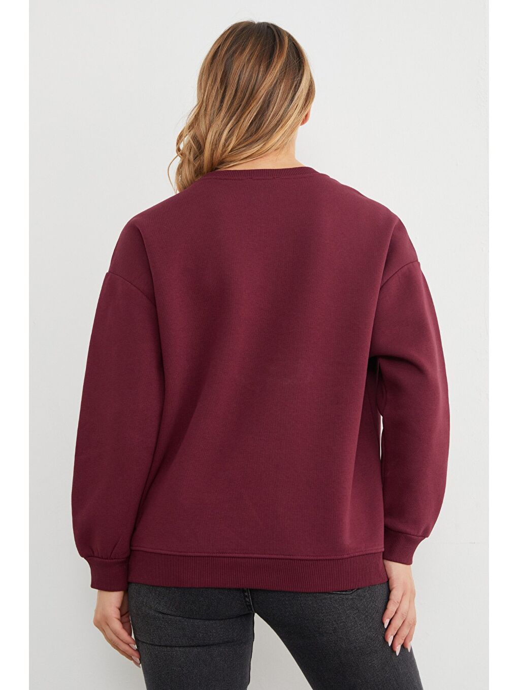 Bordo 3 İplik Fiyonk Nakışlı Oversize Sweatshirt-4