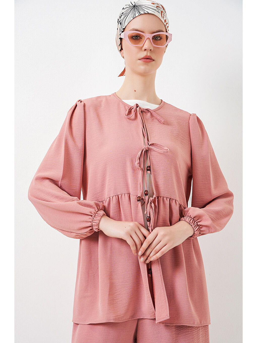 Pembe Kadın Önü Bağcıklı Tunik Pantolon İkili Takım 6744 - Pudra-1