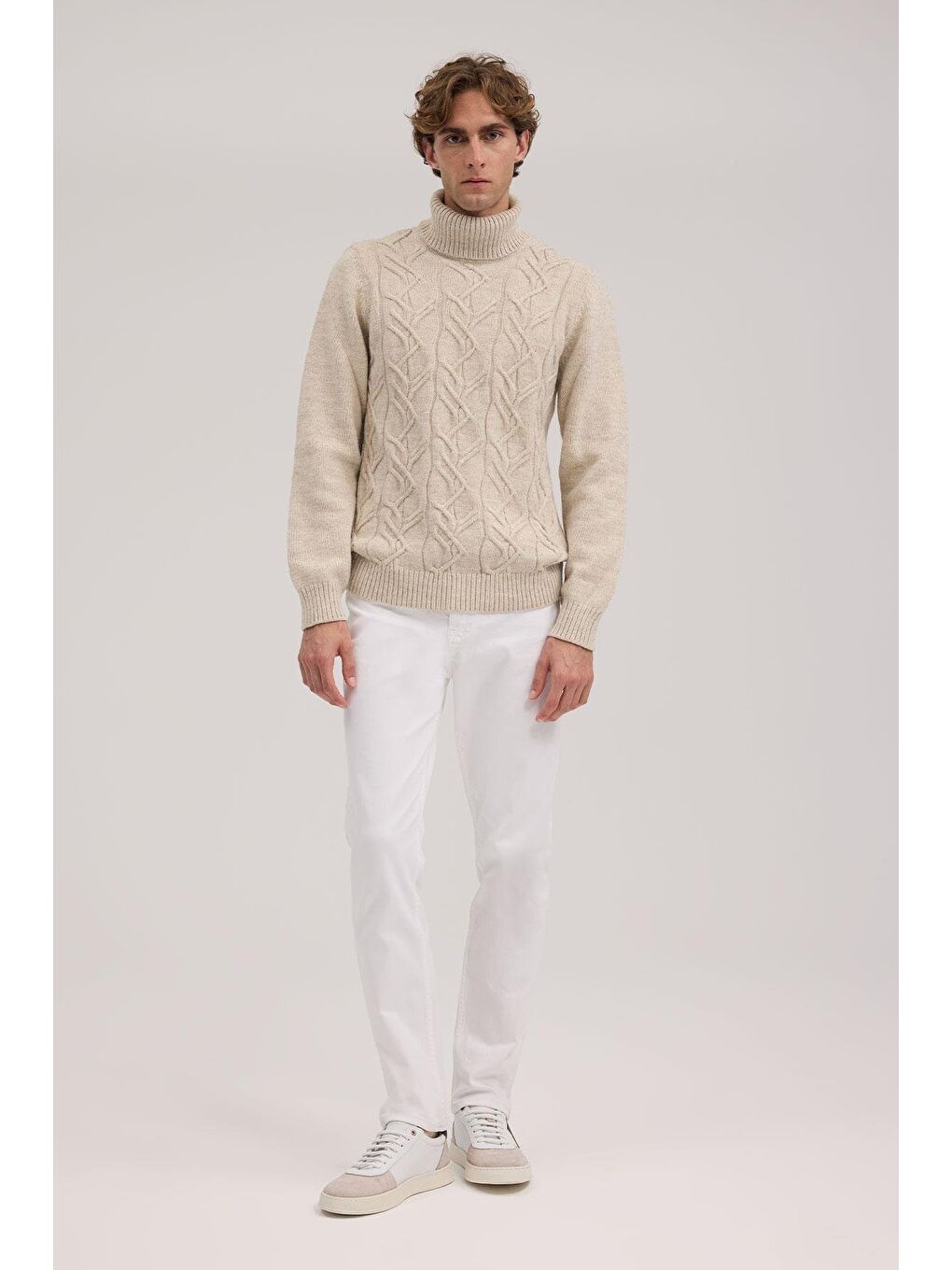 Bej Slim Fit Tam Balıkçı Yaka Triko Kazak-1