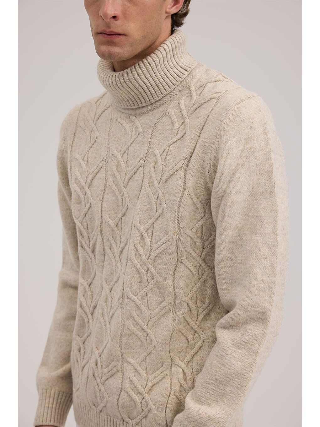 Bej Slim Fit Tam Balıkçı Yaka Triko Kazak-2