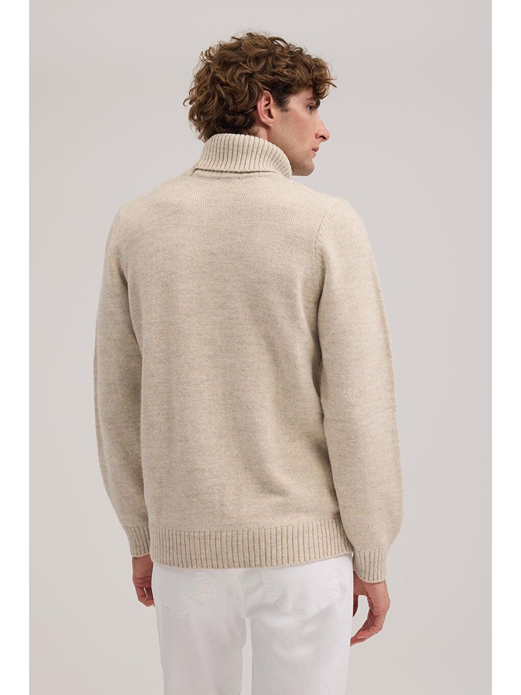 Bej Slim Fit Tam Balıkçı Yaka Triko Kazak-3