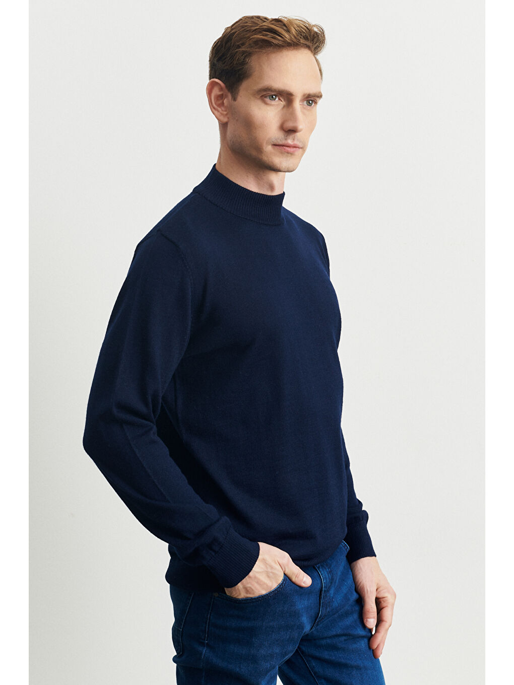 Erkek Lacivert Standart Fit Normal Kesim Yarım Balıkçı Yaka Yünlü Triko-2