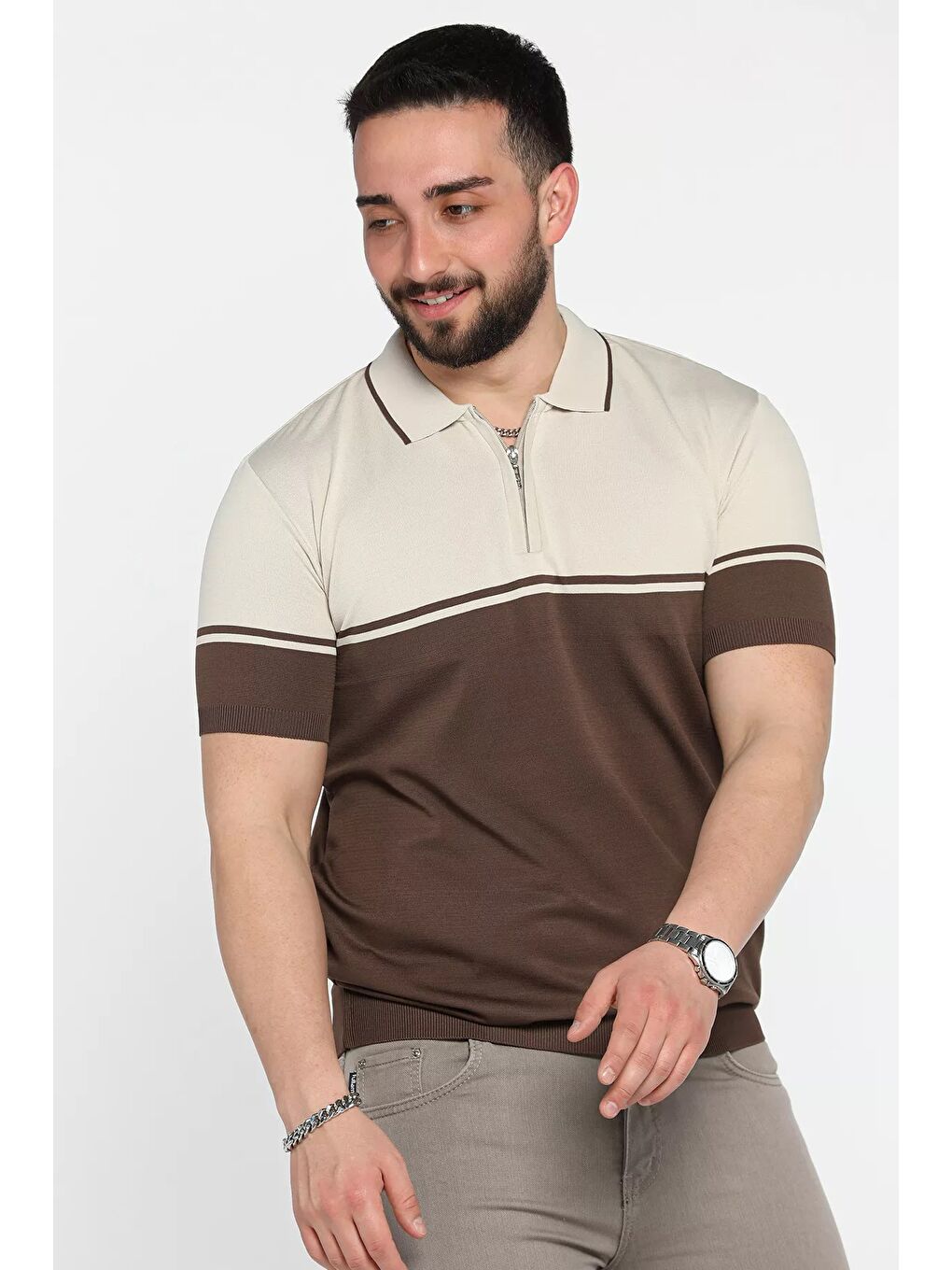 Bej Erkek Polo Yaka Yarım Fermuarlı Triko Tişört-1