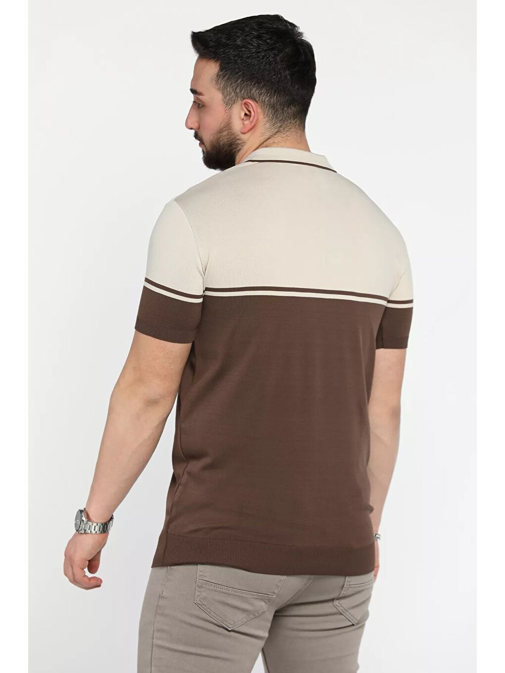 Bej Erkek Polo Yaka Yarım Fermuarlı Triko Tişört-2